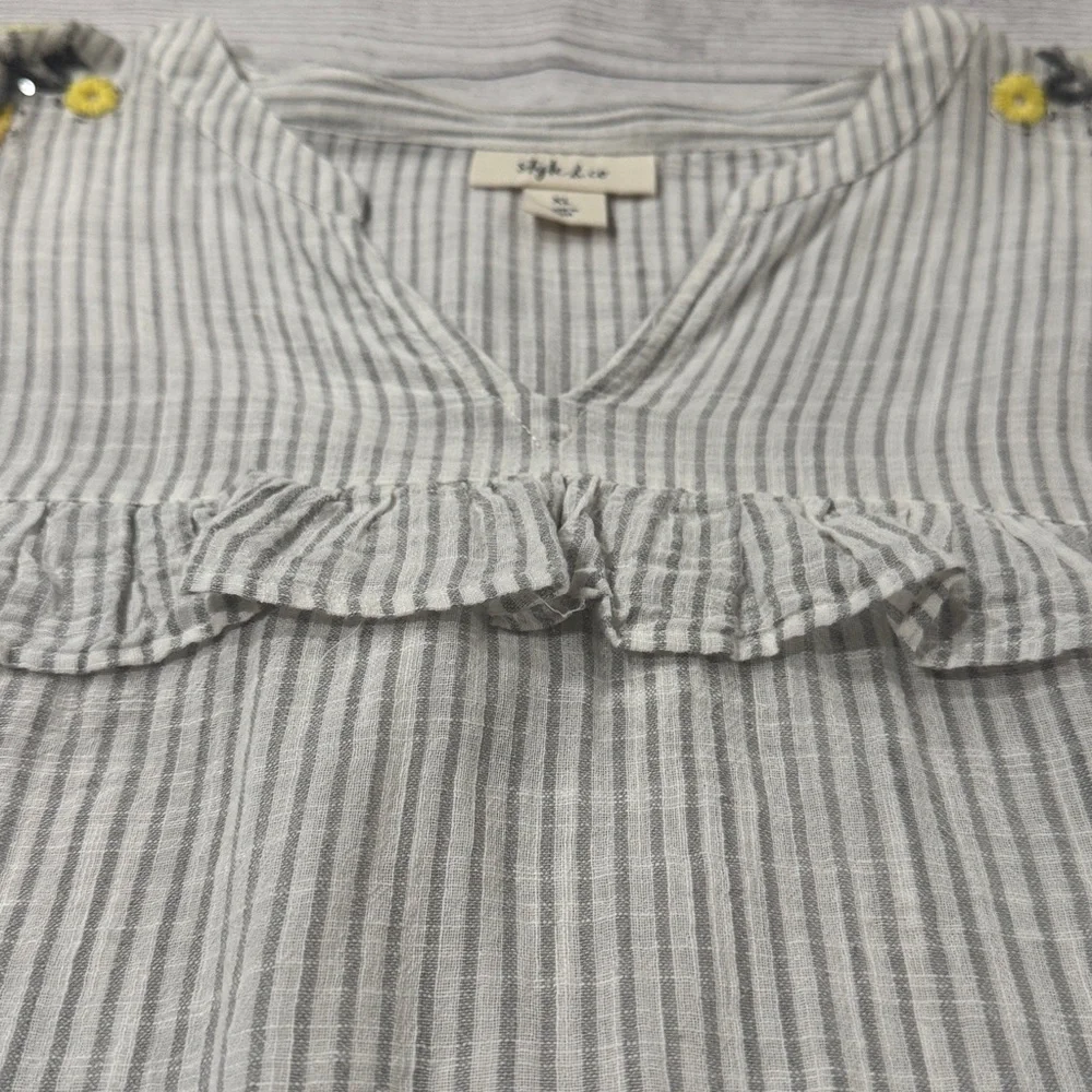 Style & Co. Gray Striped Blouse with Yellow and Charcoal Floral Embroidery
